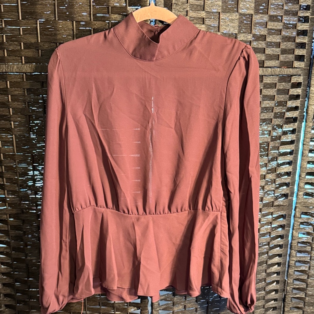 ASOS DESIGN High Neck Long Sleeve Mock Neck Peplum Blouse Chocolate US Size 6